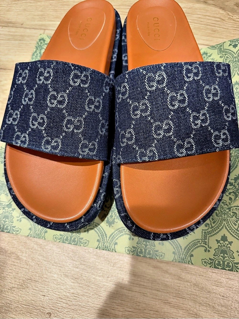 Gucci Angelina Platform Slide Sandal GG Jacquard Denim Blue & Orange